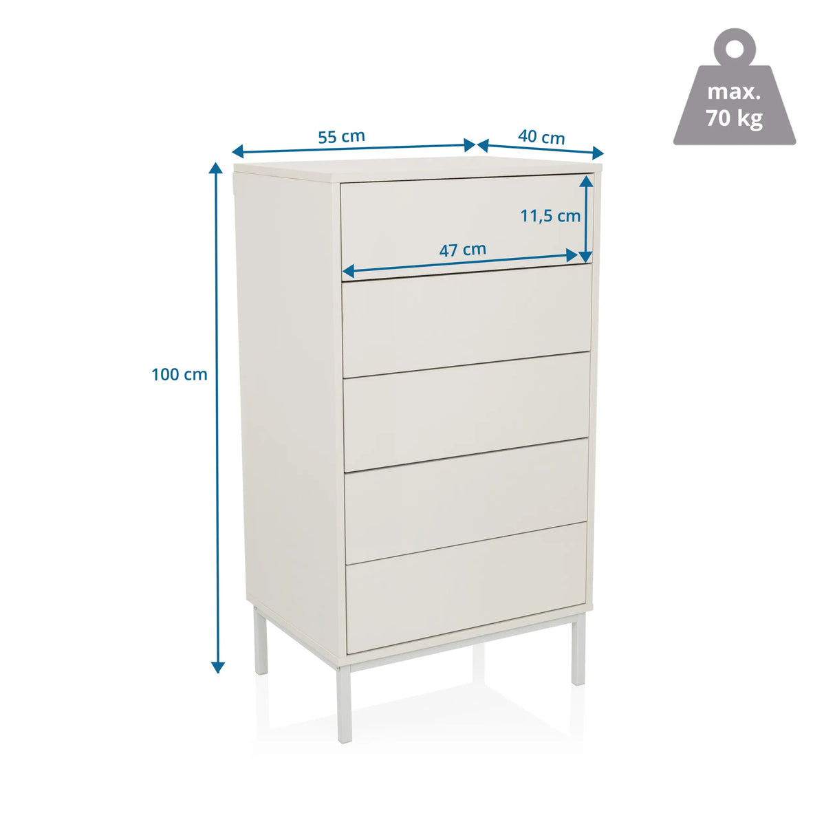 Maattekening van de Commode BJORDAL met een hoogte van 100 cm en breedte van 55 cm van hjh LIVING