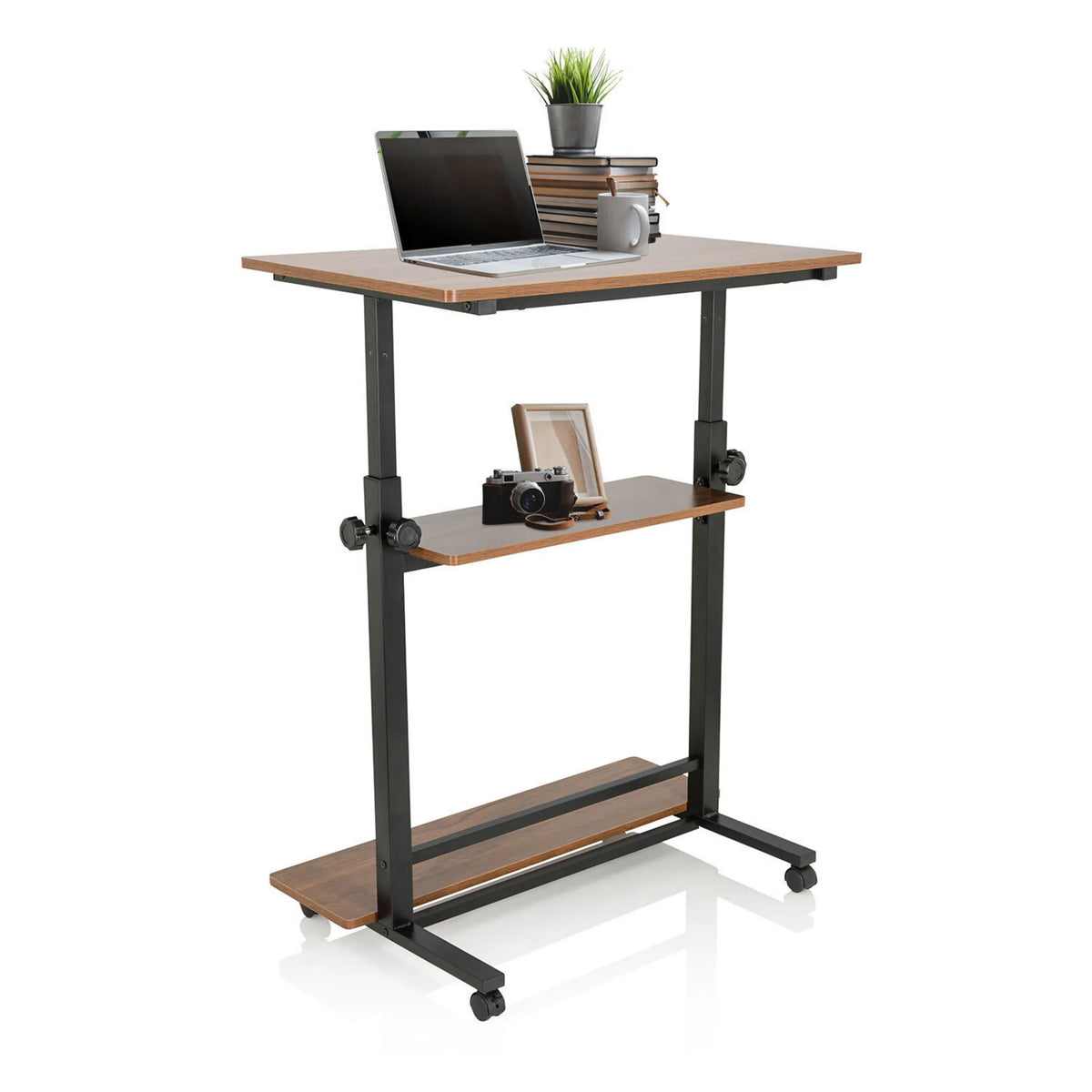Zit- Sta bureau WORKSTATION II in zwart en walnoot met twee opbergvakken en zwenkwielen van hjh OFFICE