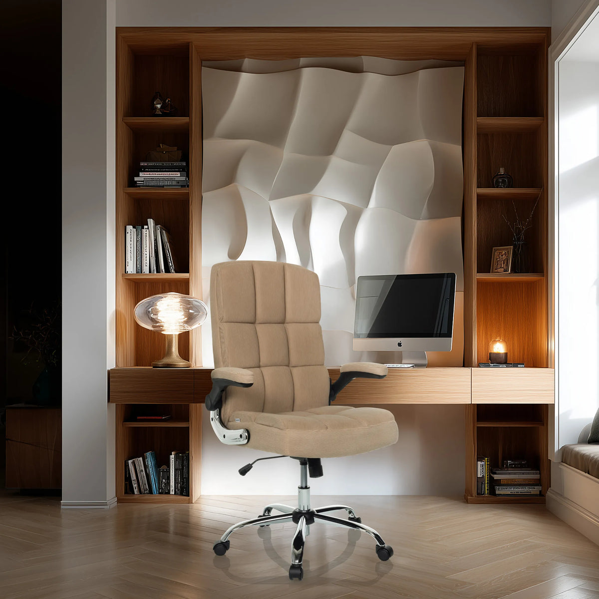 Thuiskantoor bureaustoel RELAX WD 100 met beige corduroy bekleding en verchroomd onderstel van MyBuero