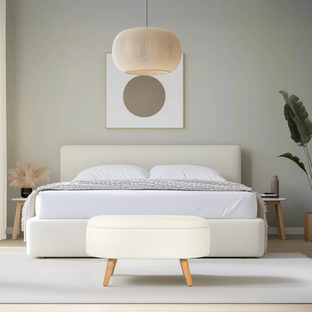 Witte zitbank STORIANO met stofbekleding en vier lichte houten poten van hjh LIVING