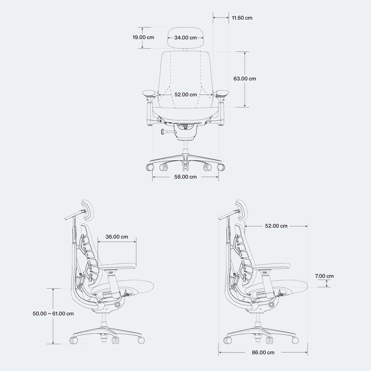 Maattekening van de LiberNovo Maxis Manual bureaustoel met hoogte, breedte en diepte in centimeters van Libernovo