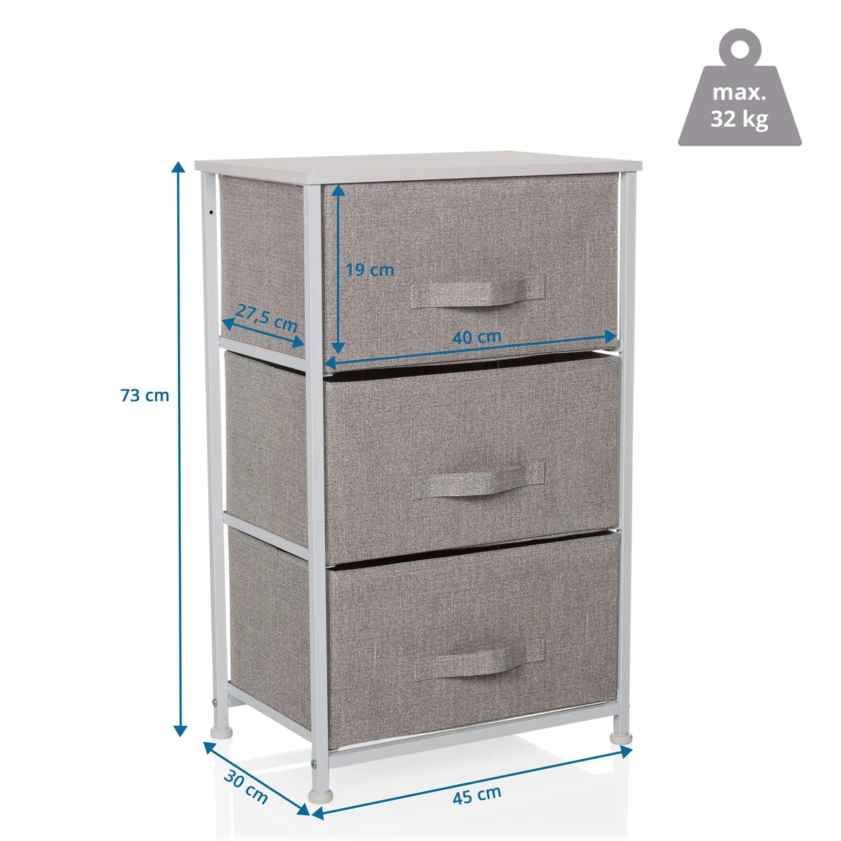 Maattekening van de Commode FOLDRESS M met een hoogte van 73 cm en een maximale belasting van 32 kg van hjh LIVING