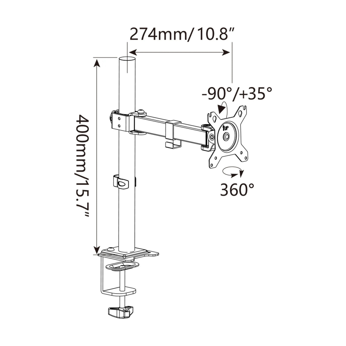 Technische tekening van de Monitorsteun Ergomount M1 met een hoogte van 400 mm van hjh OFFICE