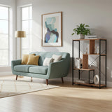 Kalag Eco plank in zwart en eiken met een open metalen frame en houten planken in een woonkamer van hjh LIVING