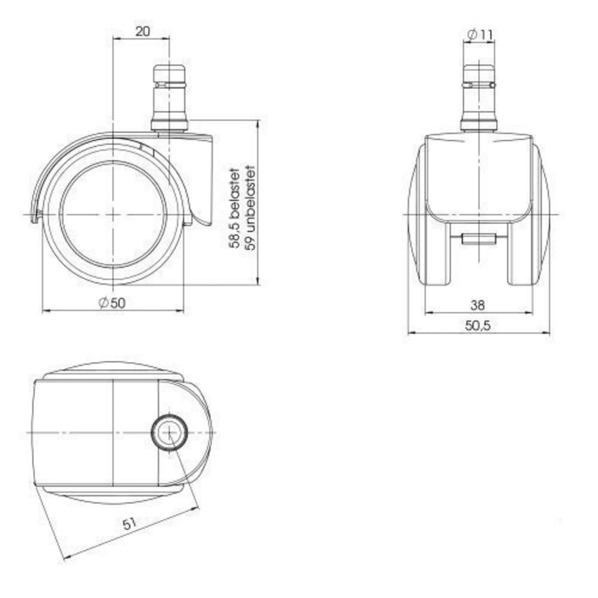 Technische tekening van de Bureaustoelwielen 5x ROLO EASY 11mm/50mm met een diameter van 50 mm van hjh OFFICE