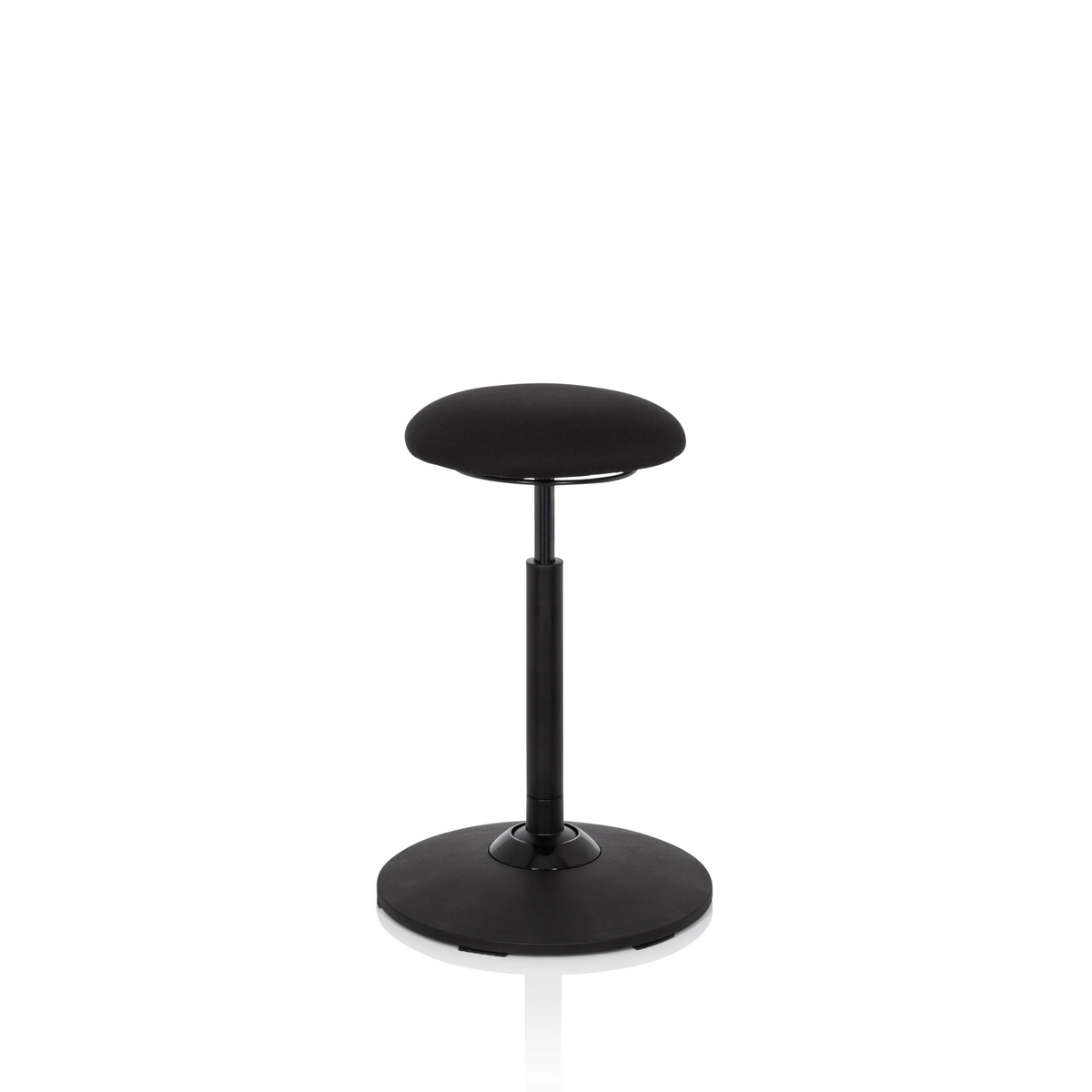Zwarte stahulp BALANCE SIT met rond zitkussen en cirkelvormige voet van hjh OFFICE – 360-gradenweergave (schuin vooraanzicht 40°)