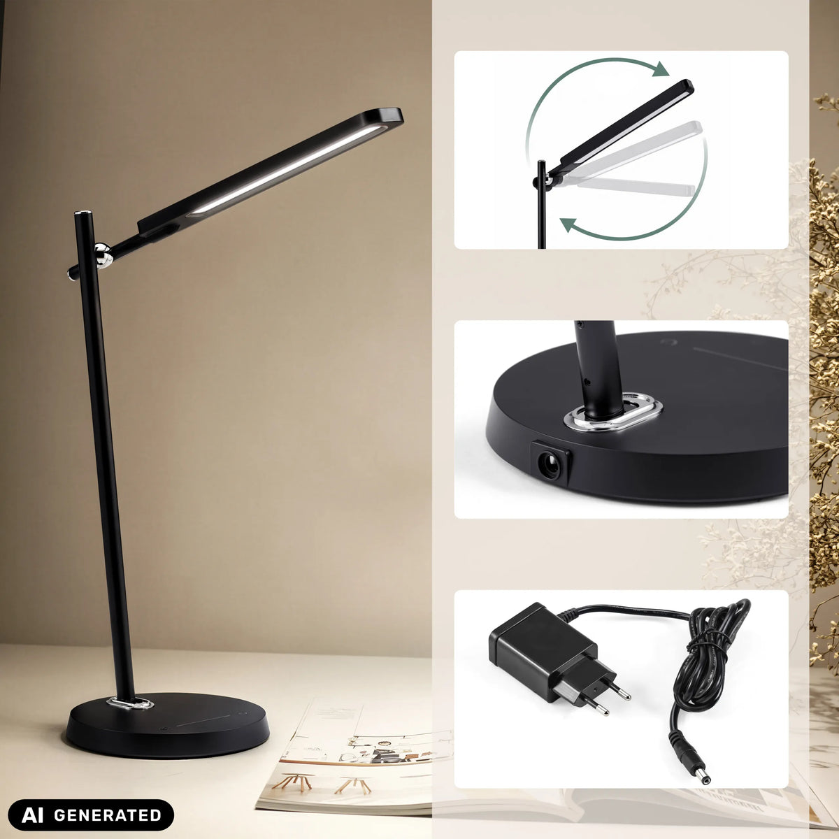 Lumanova D2 bureaulamp in zwart met netadapter en verstelbare lampkop van hjh OFFICE (AI-gegenereerde afbeelding)