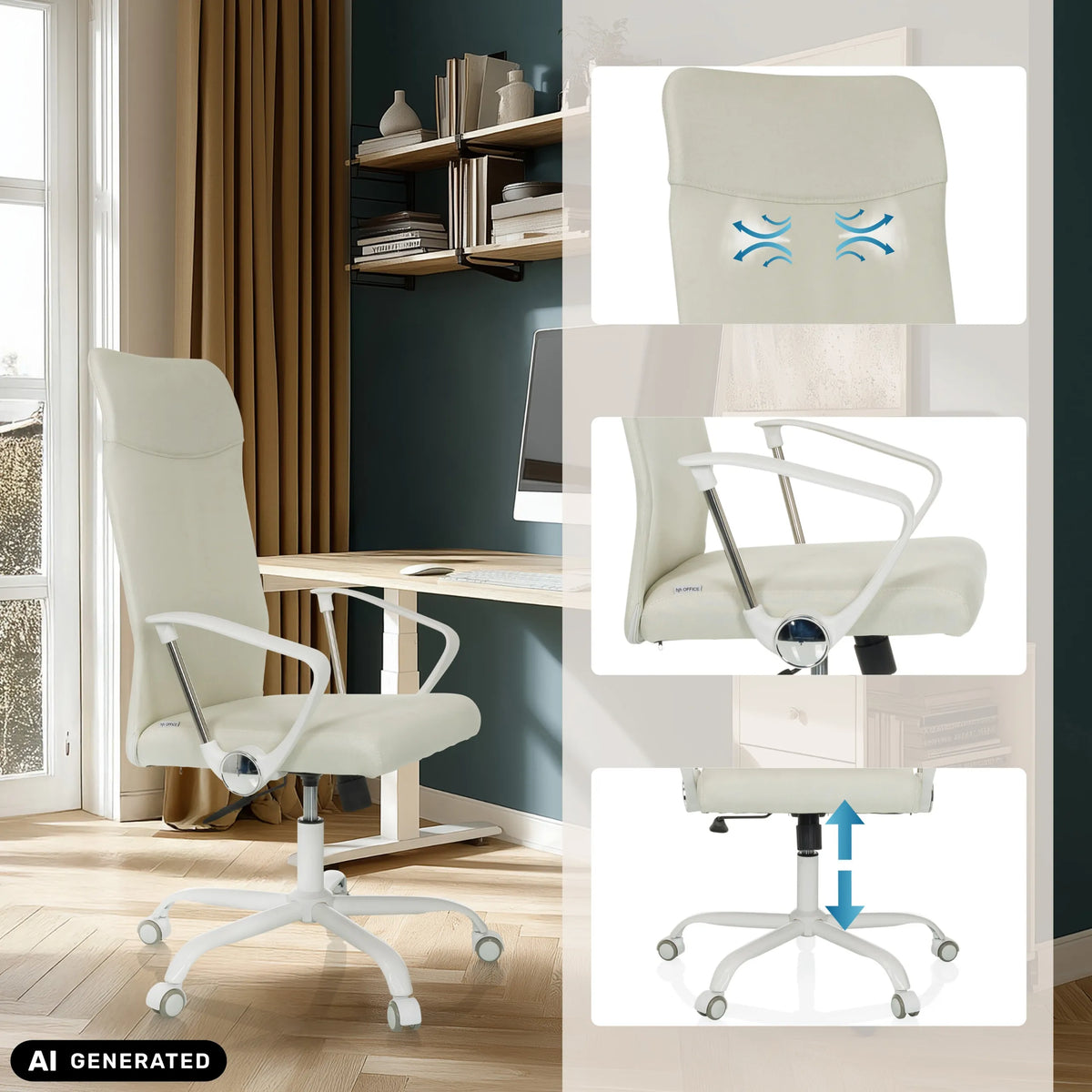 Thuisgebruik bureaustoel STRYKA W in beige met lendensteun en hoogteverstelling van hjh OFFICE (AI-gegenereerde afbeelding)