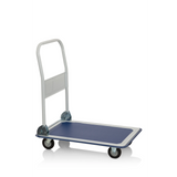 Blauw-witte Platformwagen CARRY met inklapbare handgreep en vier zwenkwielen van hjh OFFICE – 360-gradenweergave (vooraanzicht 0°)