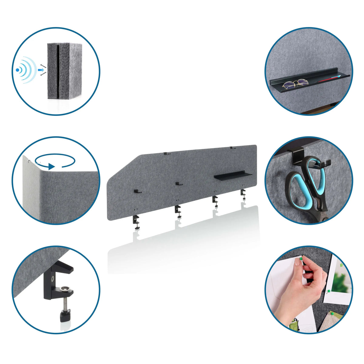 Grijze tafelverdelers FLEXMIUT T TOP met accessoires zoals een plank, houder en prikbordfunctie van hjh OFFICE