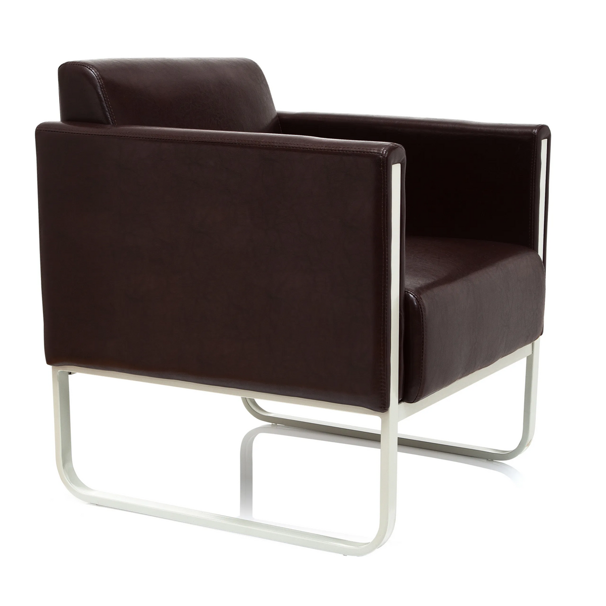 Bruine gestoffeerde fauteuil ARUBA met wit metalen frame van hjh OFFICE – 360-gradenweergave (schuin vooraanzicht 60°)