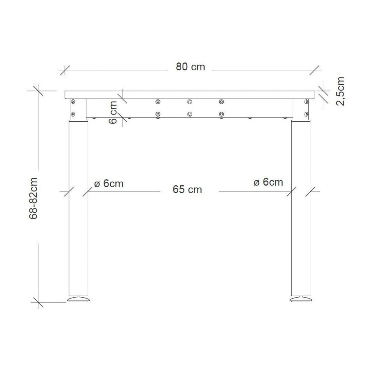 Maattekening van het in hoogte verstelbare bureau YAMA 12 S met een diepte van 80 cm van hjh OFFICE PRO