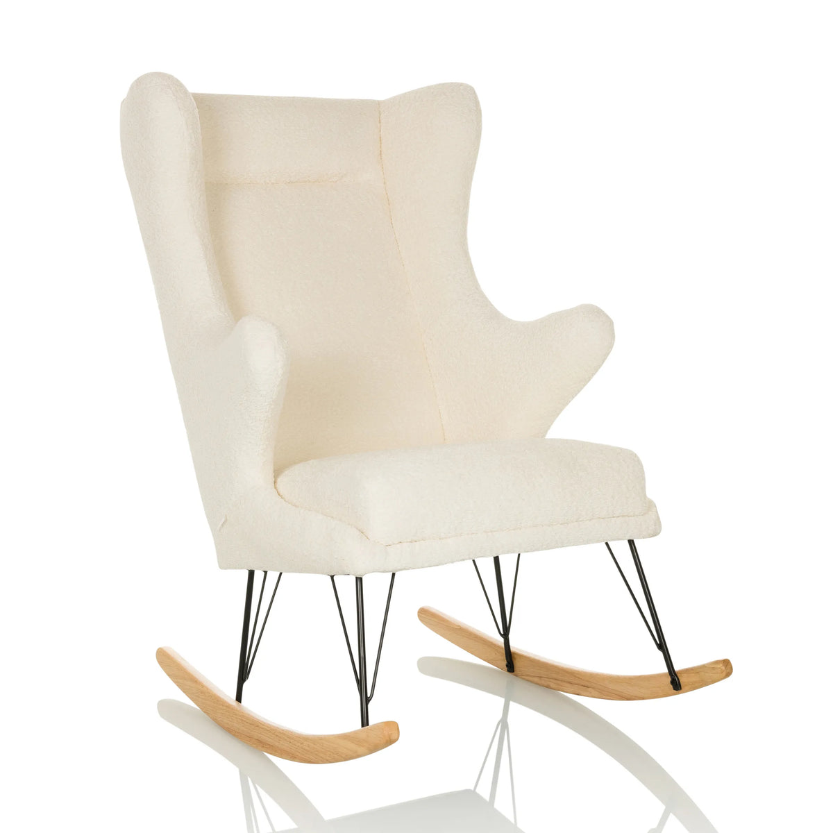 Witte Lounge stoel MAPOON als schommelstoel met houten en metalen sledes van hjh LIVING – 360-gradenweergave (schuin vooraanzicht 30°)