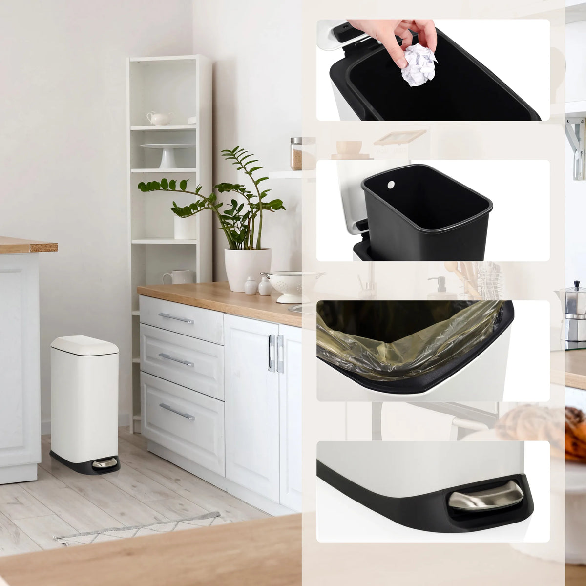 Witte prullenbak CLEAN SLIM met zwarte binnenemmer, vuilniszak en voetpedaal van hjh OFFICE