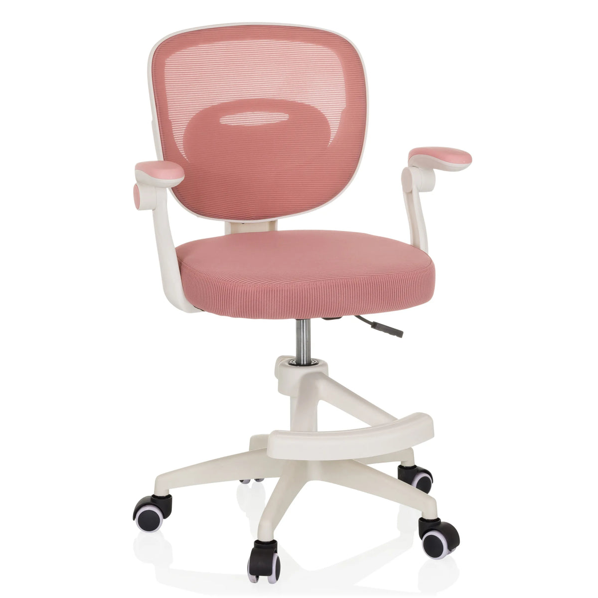 Roze Kinder bureaustoel KIDDY SMART met netrugleuning en vijfsterrenvoet met wielen van hjh OFFICE – 360-gradenweergave (vooraanzicht 15°)