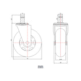 Technische tekening van de Bureaustoelwielen 5x ROLO SKATE ST 11mm/75mm met een diameter van 76 mm van hjh OFFICE