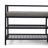 Grijs zitvlak en twee roosterplanken van de Estha Loft schoenenkast in zwart van hjh LIVING