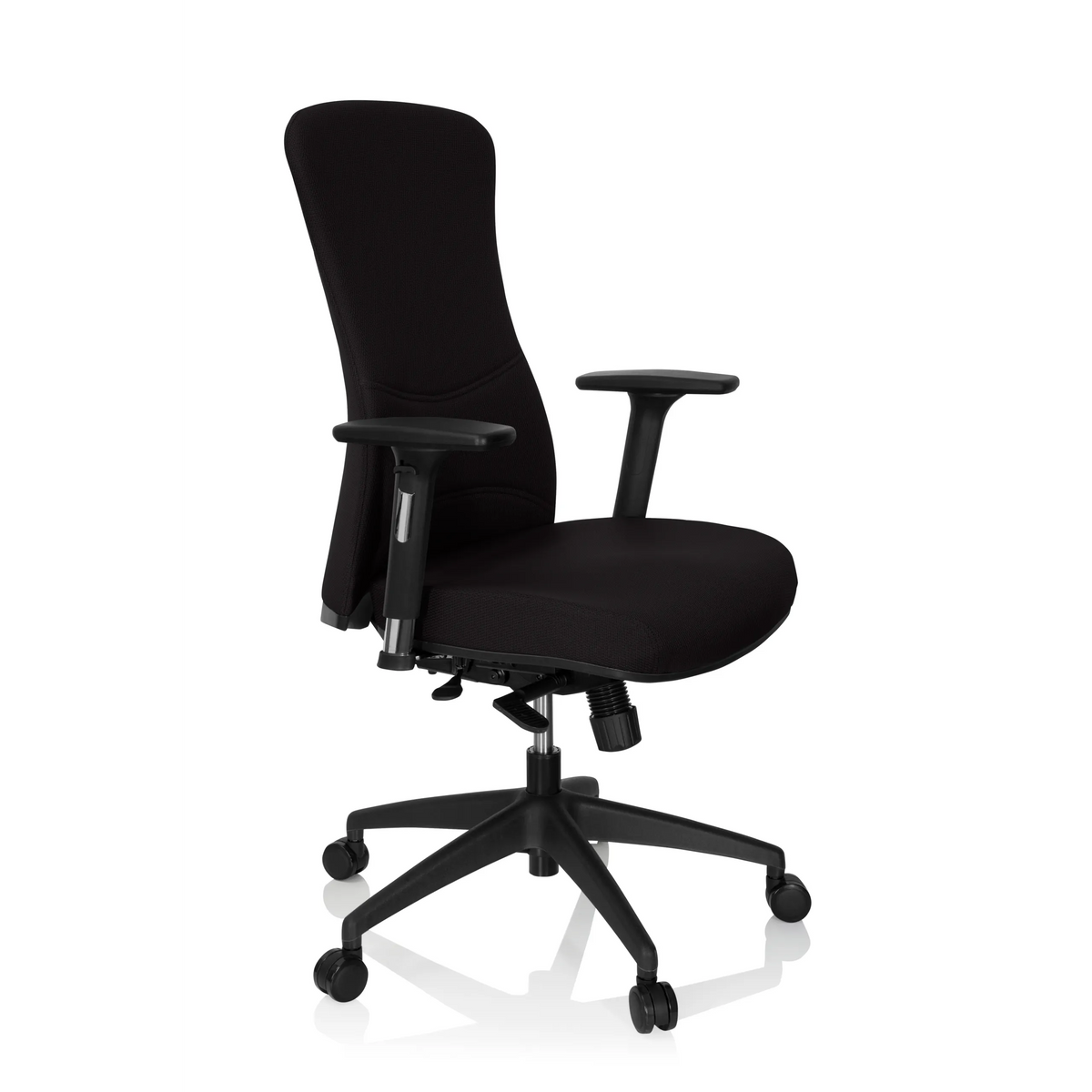 Zwarte Professionele bureaustoel OFFICE XT PRO met armleuningen en vijfpoot met zwenkwielen van hjh OFFICE – 360-gradenweergave (schuin vooraanzicht 60°)
