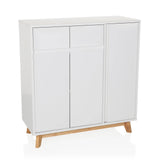 Witte commode ESTHA met twee laden, drie deuren en lichte houten poten van hjh LIVING – 360-gradenweergave (vooraanzicht 15°)