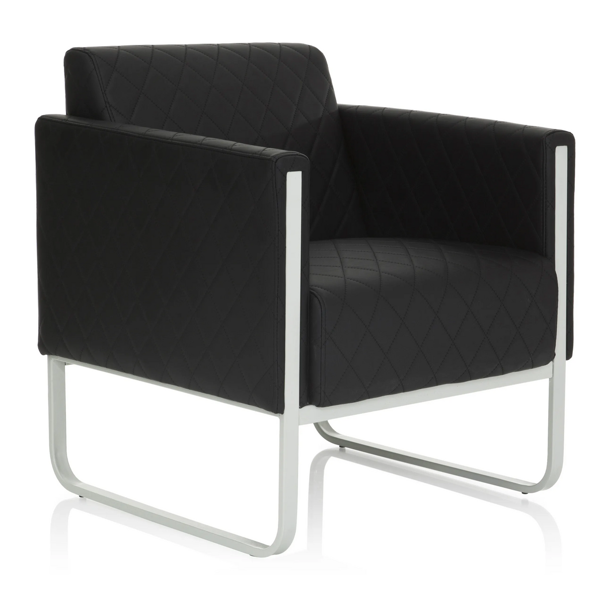 Zwarte gestoffeerde fauteuil ARUBA STEP met ruitstiksel en zilverkleurig frame van hjh OFFICE – 360-gradenweergave (schuin vooraanzicht 40°)