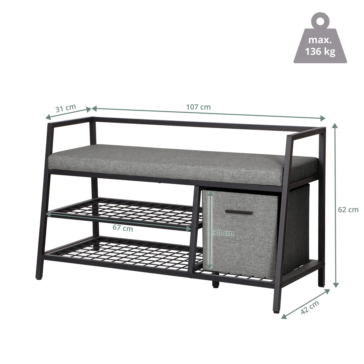 Maattekening van de Schoenenkast Estha Loft met 107 × 62 cm en een maximale belastbaarheid van 136 kg van hjh LIVING