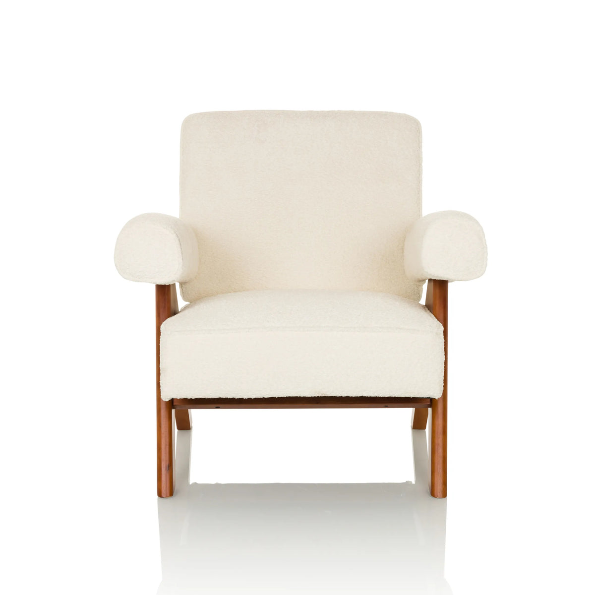 Witte loungestoel POOLY met gestructureerde bekleding en donkere houten poten van hjh LIVING – 360-gradenweergave (vooraanzicht 0°)