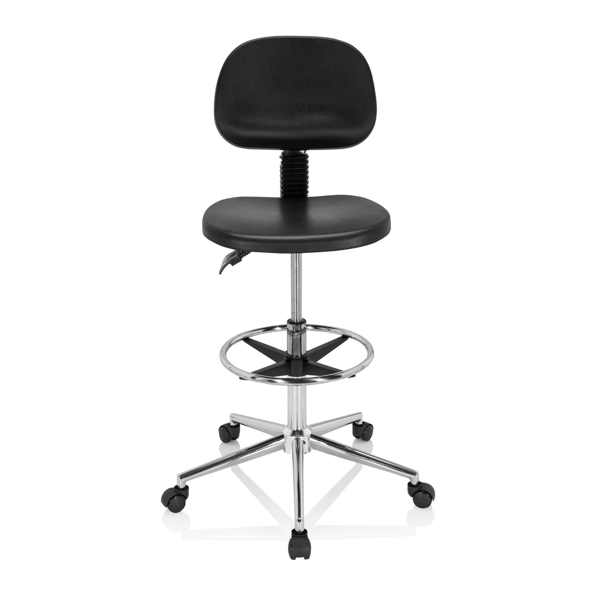 Zwarte Baliestoel TOP WORK 24 I met voetring en vijfpootkruis met zwenkwielen van hjh OFFICE – 360-gradenweergave (vooraanzicht 0°)