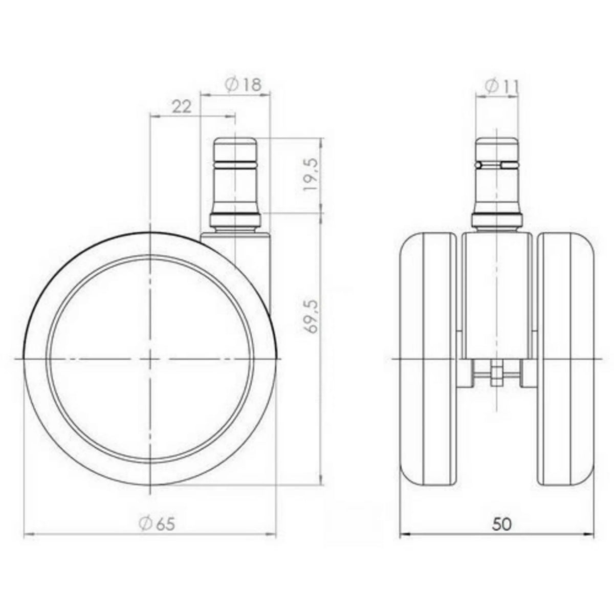 Technische tekening van de Bureaustoelwielen 5x ROLO FREE 11mm/65mm met een diameter van 65 mm van hjh OFFICE