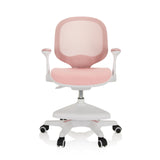 Roze kinderstoel KID ERGO met netrugleuning, armleuningen en wit vijfsterrenonderstel met wieltjes van hjh OFFICE – 360-gradenweergave (vooraanzicht 0°)