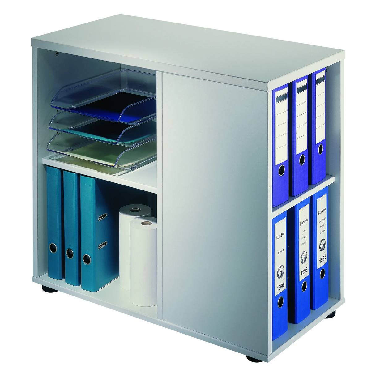 Open kast ANCO 1630 uit de ANCO-serie in eiken met blauwe ordners en opbergvakken van hjh OFFICE PRO