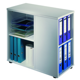 Open kast ANCO 1630 uit de ANCO-serie in eiken met blauwe ordners en opbergvakken van hjh OFFICE PRO