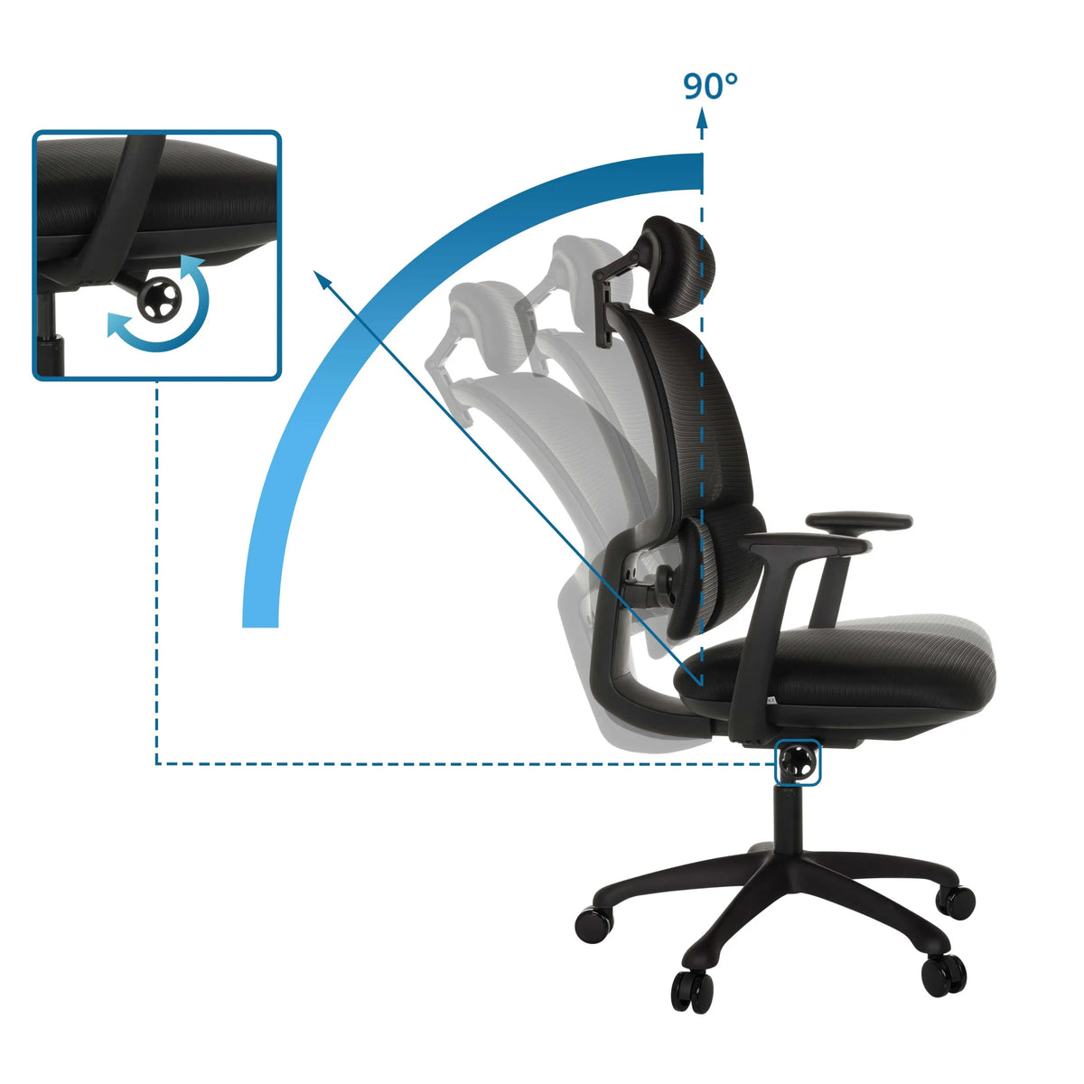 Kantelmechanisme met 90 graden verstelbereik van de rugleuning van de professionele bureaustoel RI-COVER van hjh OFFICE