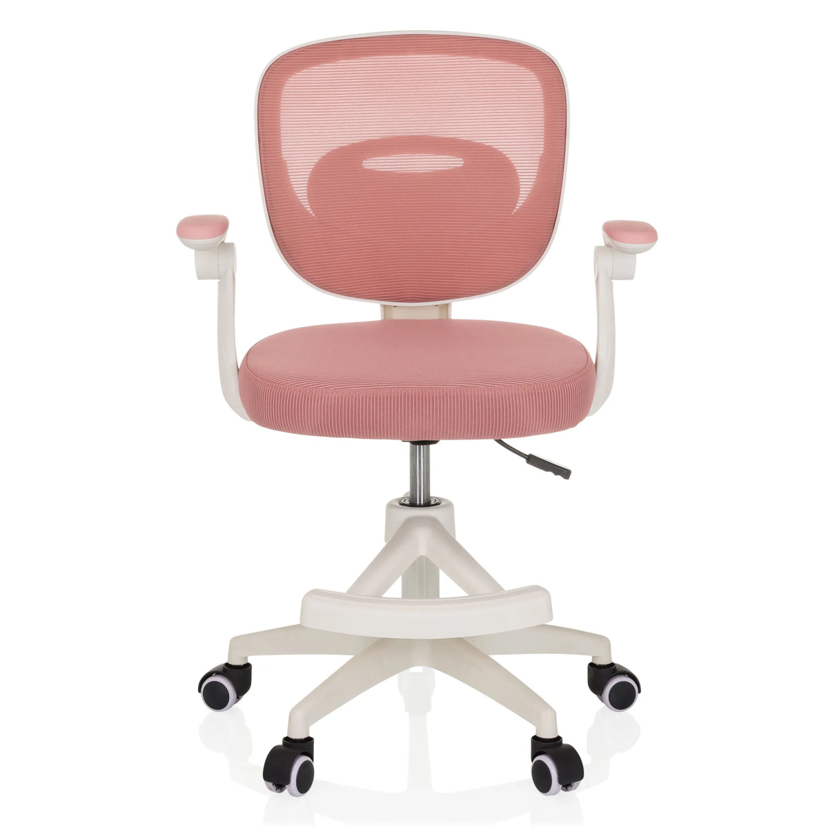 Roze Kinder bureaustoel KIDDY SMART met netrugleuning en vijfsterrenvoet met wielen van hjh OFFICE – 360-gradenweergave (vooraanzicht 0°)