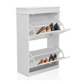 Witte ESTHA 2 schoenenkast met twee geopende klapcompartimenten met daarin schoenen van hjh LIVING