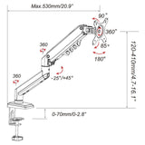 Technische tekening van de Monitorsteun Ergomount GF1 met een maximale reikwijdte van 530 mm van hjh OFFICE
