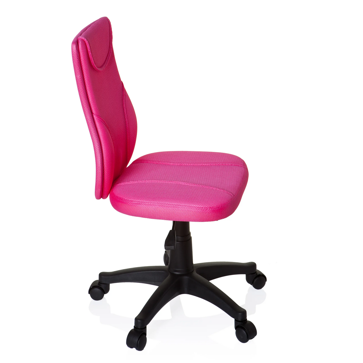 Roze Kinder bureaustoel KIDDY BASE met netrug en zwart vijfpootkruis met wieltjes van hjh OFFICE – 360-gradenweergave (zijaanzicht 80°)