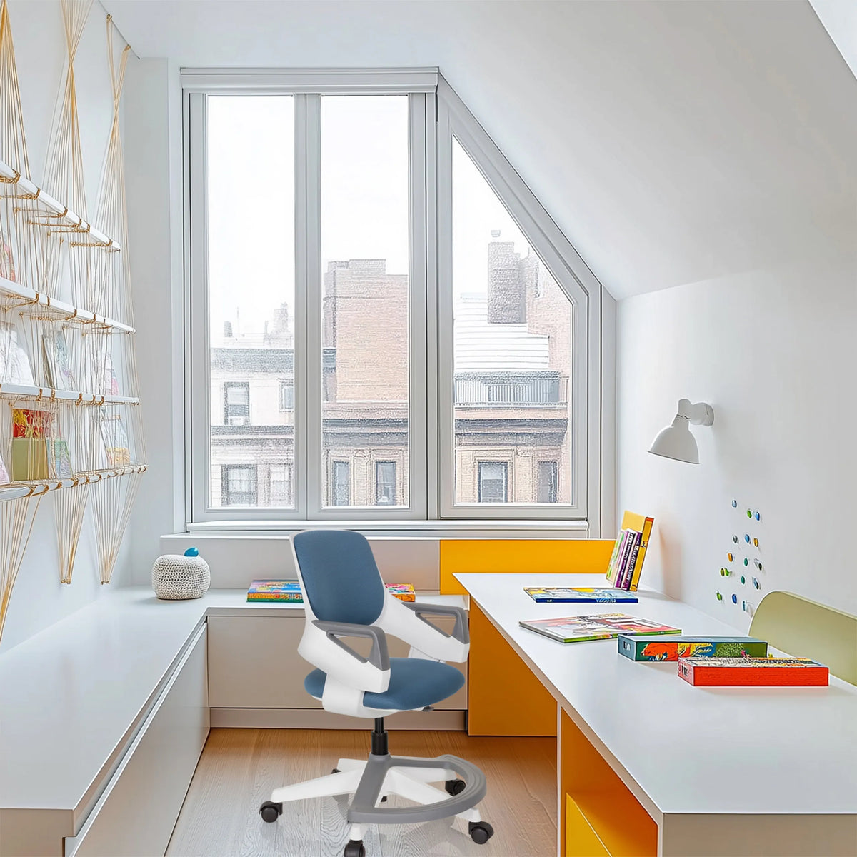 Blauwgrijze Kinder bureaustoel KID FLEX met witte armleuningen en wieltjes voor een bureau van hjh OFFICE
