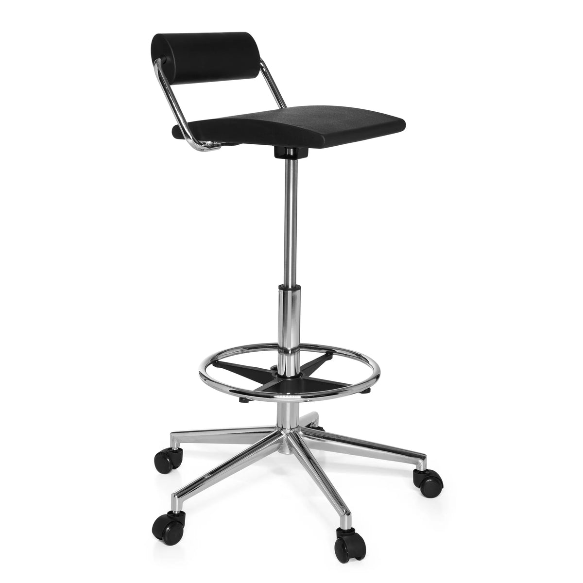 Zwarte Draaikruk TOP WORK 28 met voetring en vijfpoot met wieltjes van hjh OFFICE – 360-gradenweergave (schuin vooraanzicht 60°)