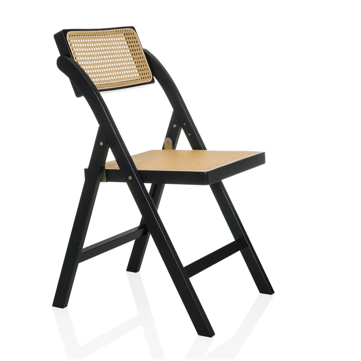Zwarte Klapstoel TUDELA BAMBOO met bruine Weense vlechtzitting en -rugleuning van hjh LIVING – 360-gradenweergave (schuin vooraanzicht 60°)
