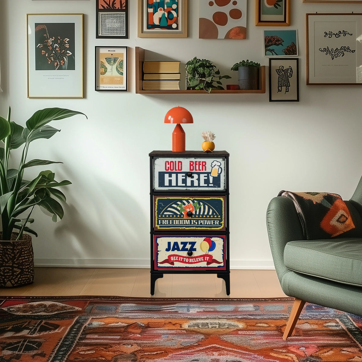 Commode AMERIKO S met drie kleurrijke gedecoreerde laden en een zwart frame van hjh LIVING