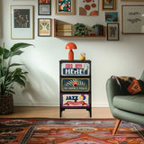 Commode AMERIKO S met drie kleurrijke gedecoreerde laden en een zwart frame van hjh LIVING