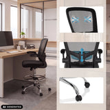 Baliestoel VENDO WORK in zwart met detailopnamen van de rugleuning en wieltjes van hjh OFFICE (AI-gegenereerde afbeelding)