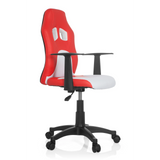 Rood-witte TEEN GAME AL kinder bureaustoel met armleuningen en zwart vijfsterrenvoet met zwenkwielen van hjh OFFICE – 360-gradenweergave (schuin vooraanzicht 60°)