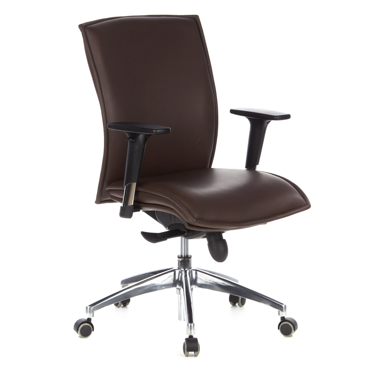 Donkerbruine Luxe directiestoel MURANO 10 met armleuningen en vijfpoot met wielen van hjh OFFICE – 360-gradenweergave (schuin vooraanzicht 40°)