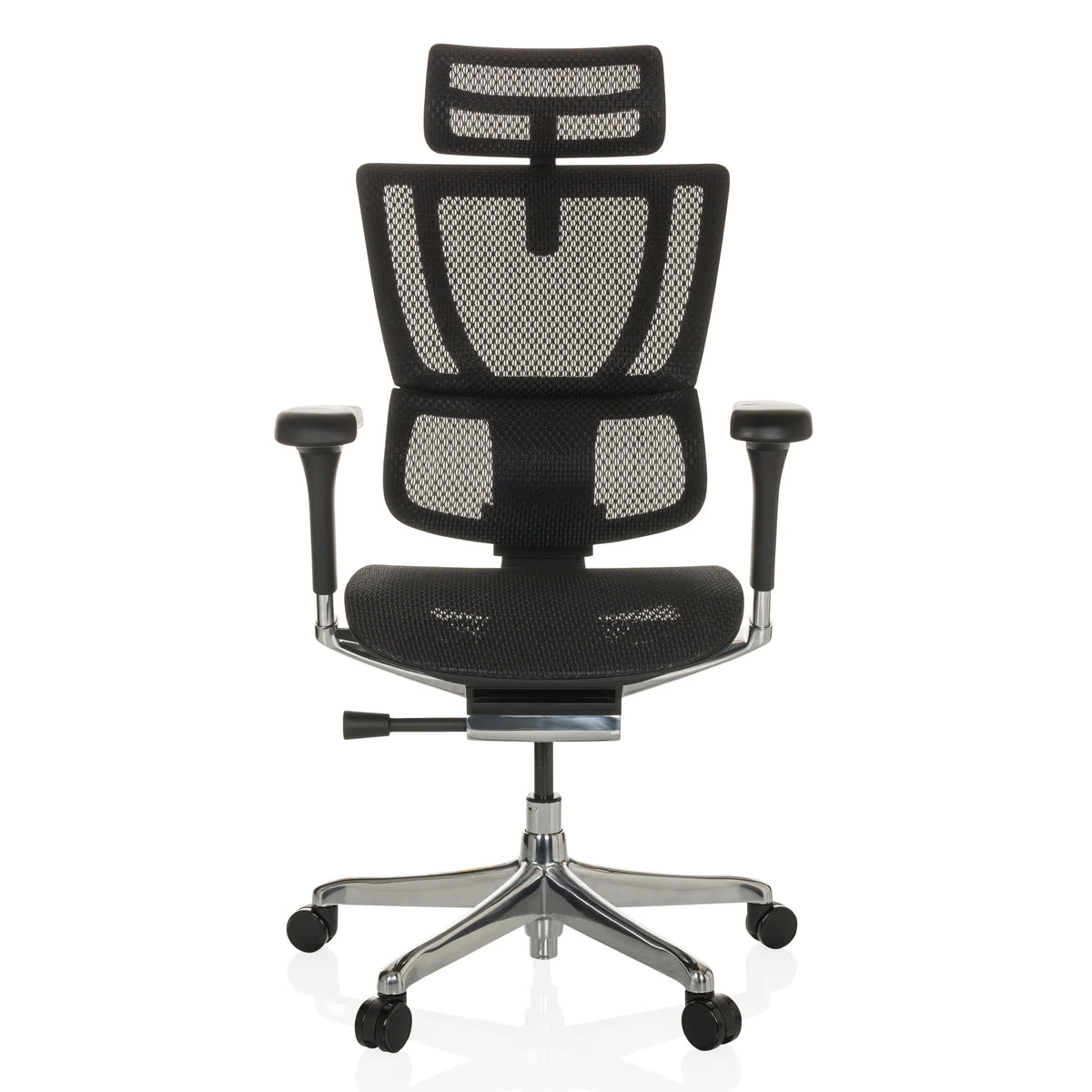 Zwarte Luxe directiestoel ERGOHUMAN SLIM GEN2 met netrug, armleuningen en vijfster-onderstel van hjh OFFICE – 360-gradenweergave (vooraanzicht 0°)