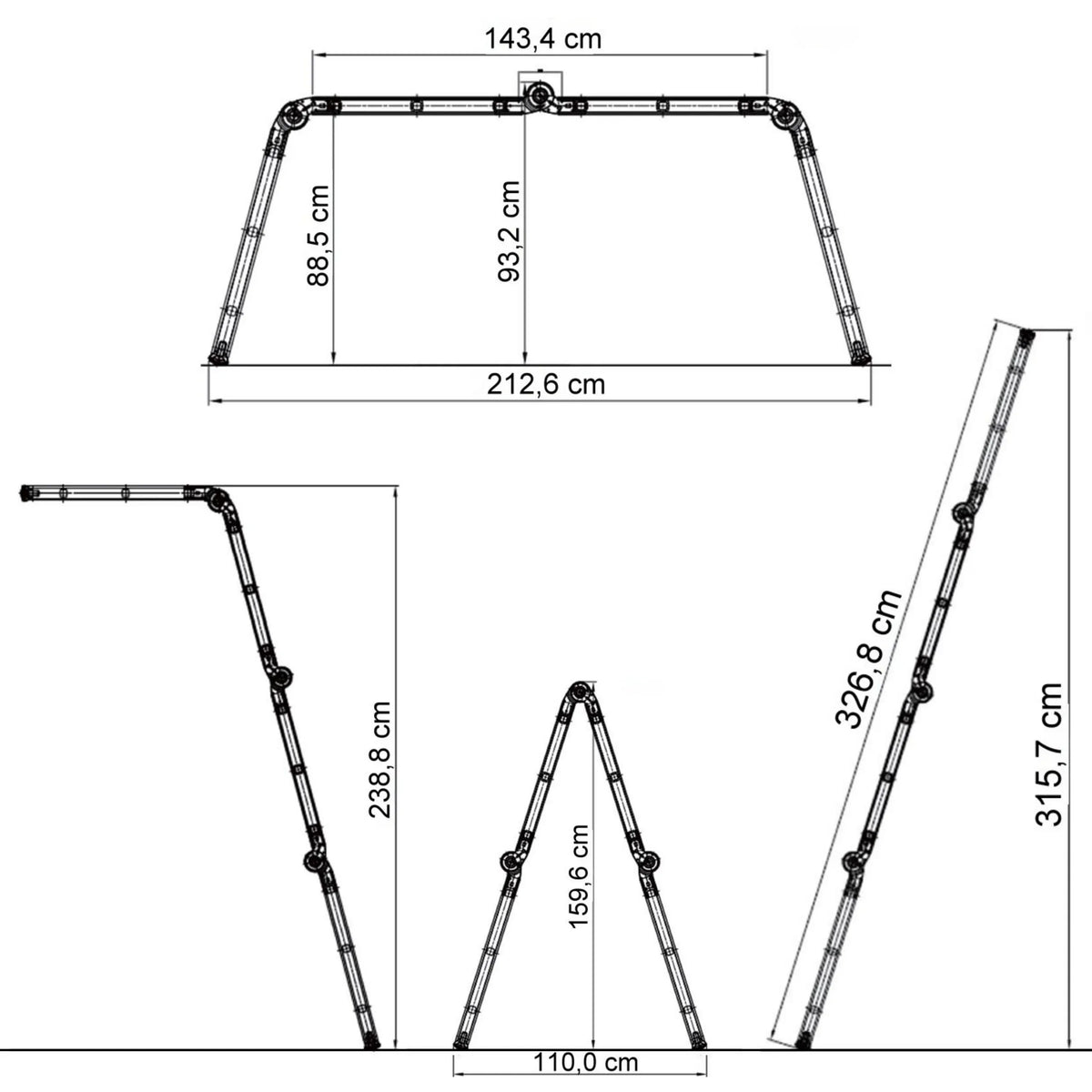 Technische tekening van de Klaptrap SOLID W3 met een breedte van 212,6 cm van hjh OFFICE