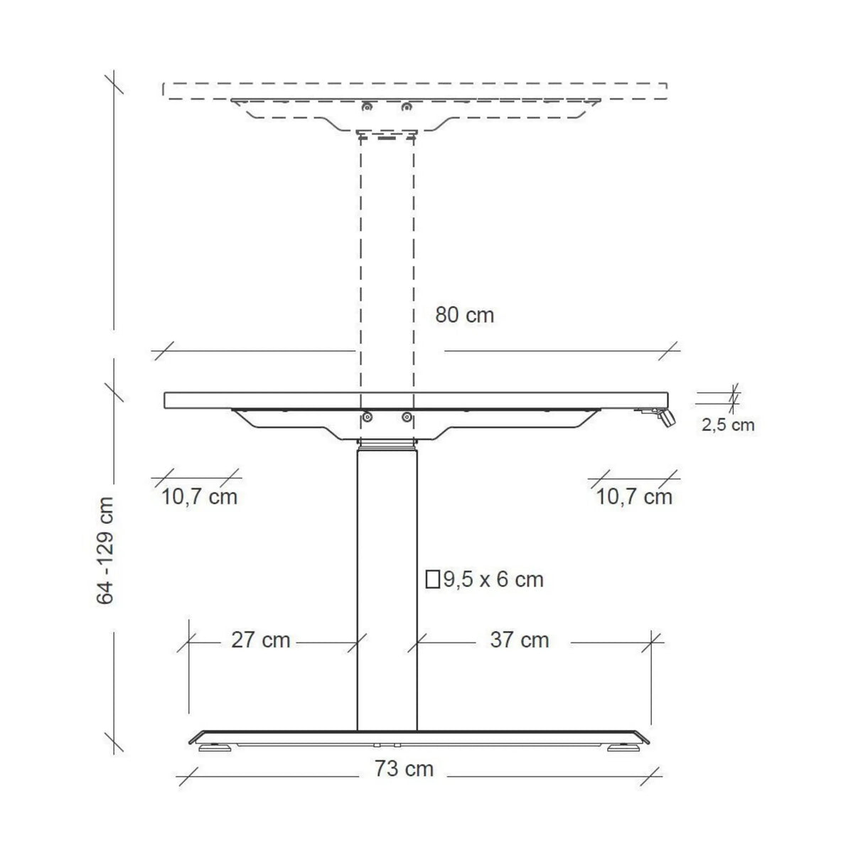 Maßzeichnung des elektrisch höhenverstellbaren Schreibtischs XDKB 12 S mit Höhenbereich von 64-129 cm von hjh OFFICE PRO