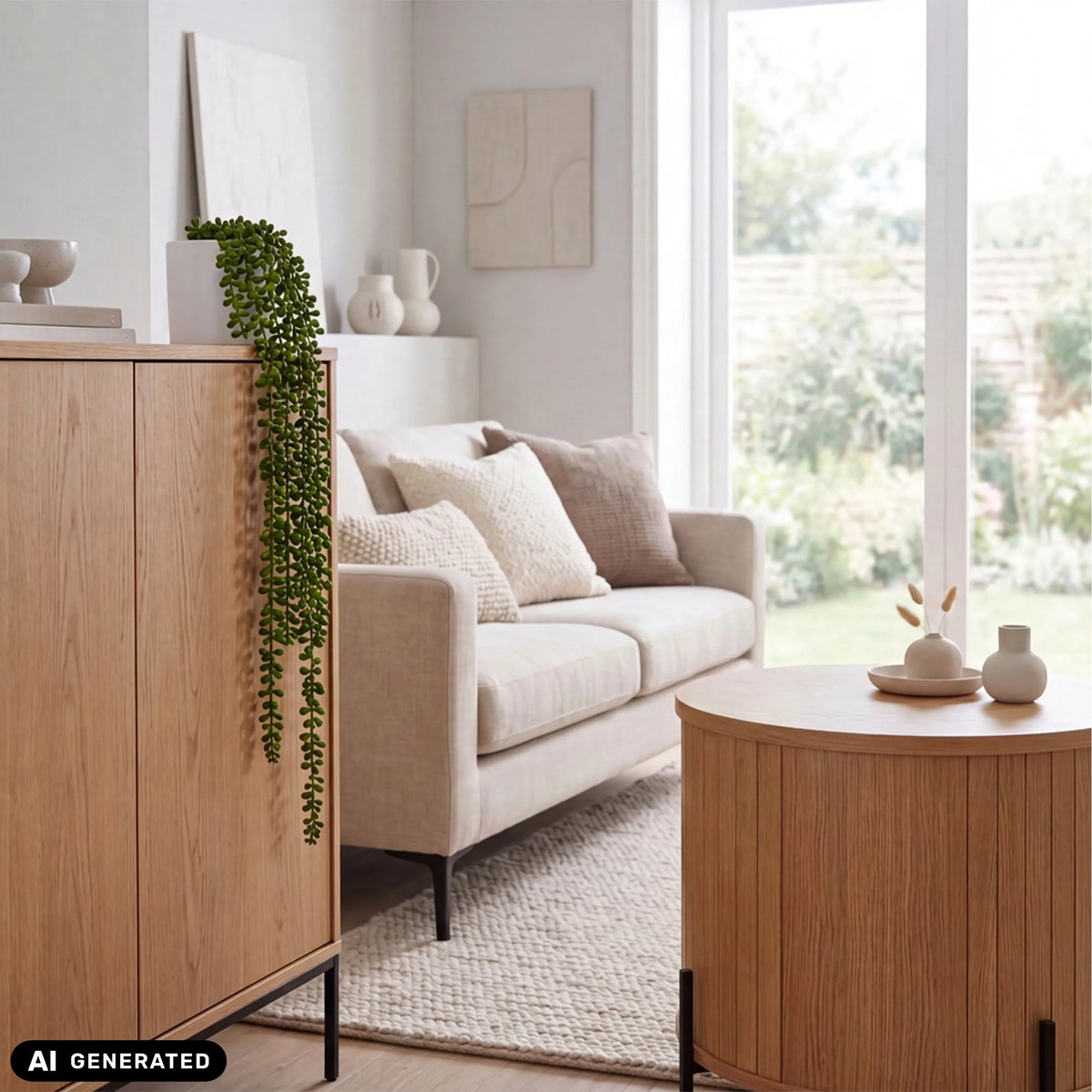 Houten kast Senecio Climb in het groen met een hangplant in een lichte woonkamer van hjh OFFICE