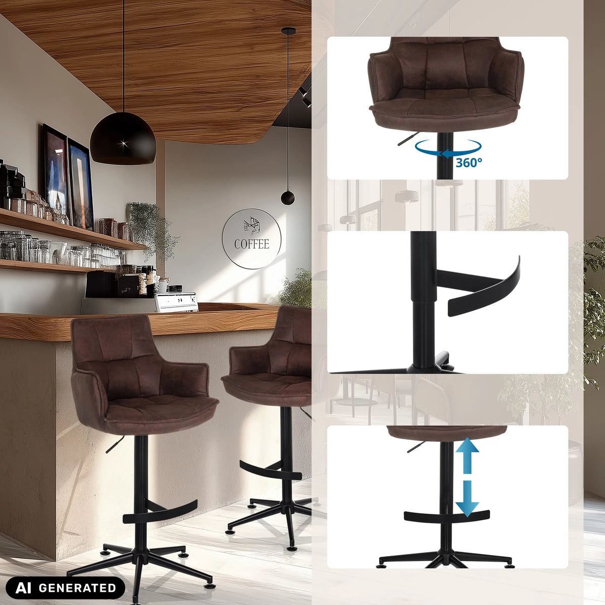 Bruine SOLAO LIFE HIGH barkruk met gaslift, voetsteun en 360 graden draaifunctie van hjh LIVING (AI-gegenereerde afbeelding)