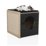 Kattenhuis KITTY PAWBOX 2 in zwart en eiken met een liggende kat op het dak van hjh LIVING